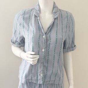 Sea New York Blue & Green Striped Embroidered Cotton Short Sleeve Button Down
